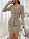 Square Neck Button Up Long Sleeve Top and Skirt Set