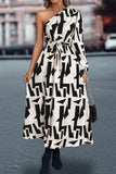 Printed One-Shoulder Tie Waist Dress
