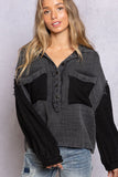 POL Oversize Contrast Long Sleeve Half Button Blouse