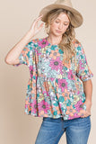 BOMBOM Floral Round Neck Short Sleeve Blouse