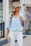 Ruffled V-Neck Three-Quarter Sleeve Blouse