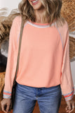 Waffle-Knit Round Neck Long Sleeve Top