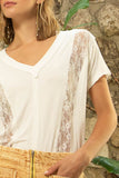 POL Inset Lace Outseam Detail Short Sleeve V-Neck T-Shirt