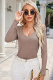 Ribbed V-Neck Long Sleeve Blouse with Pocket