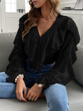 Full Size Ruffled V-Neck Button Down Flounce Sleeve Blouse