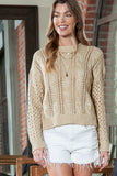 Full Size Openwork Cable-Knit Round Neck Knit Top