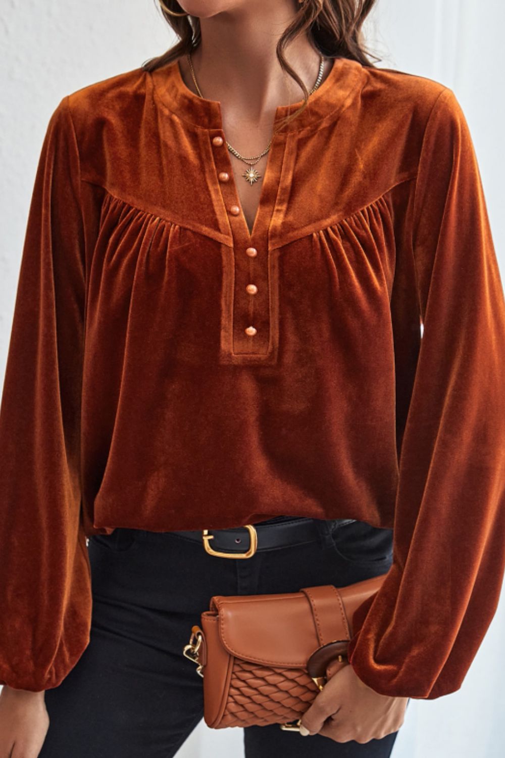 Notched Long Sleeve Velvet Top