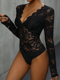 Perfee Lace Plunge Long Sleeve Bodysuit