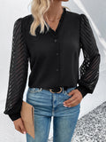 Perfee Mesh V-Neck Button Front Blouse
