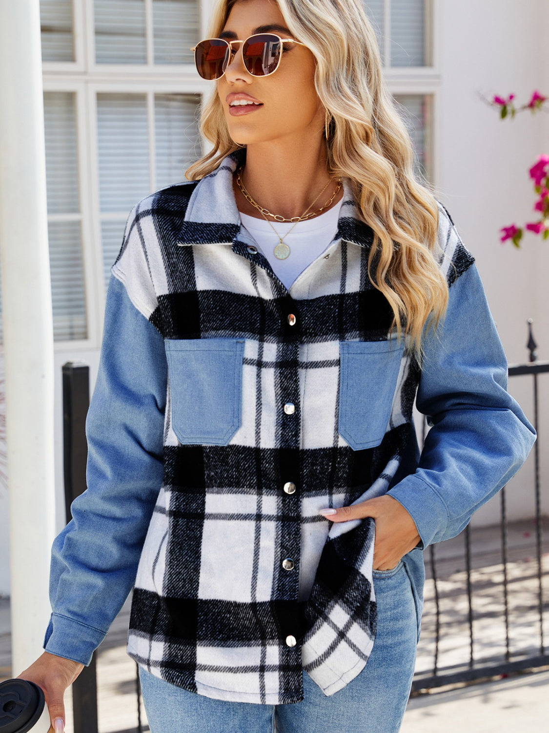 Pocketed Plaid Snap Down Denim Jacket