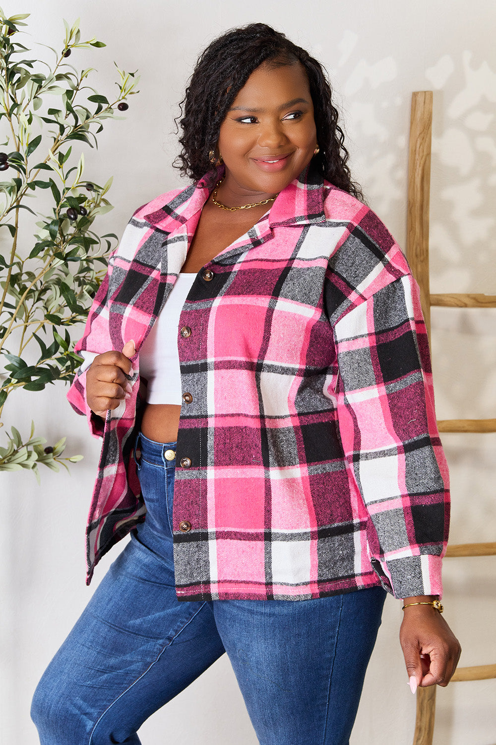 Shiny Plaid Button Up Collared Neck Jacket