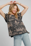 Umgee Ruffled Landscape Print Short Sleeve French Terry Top