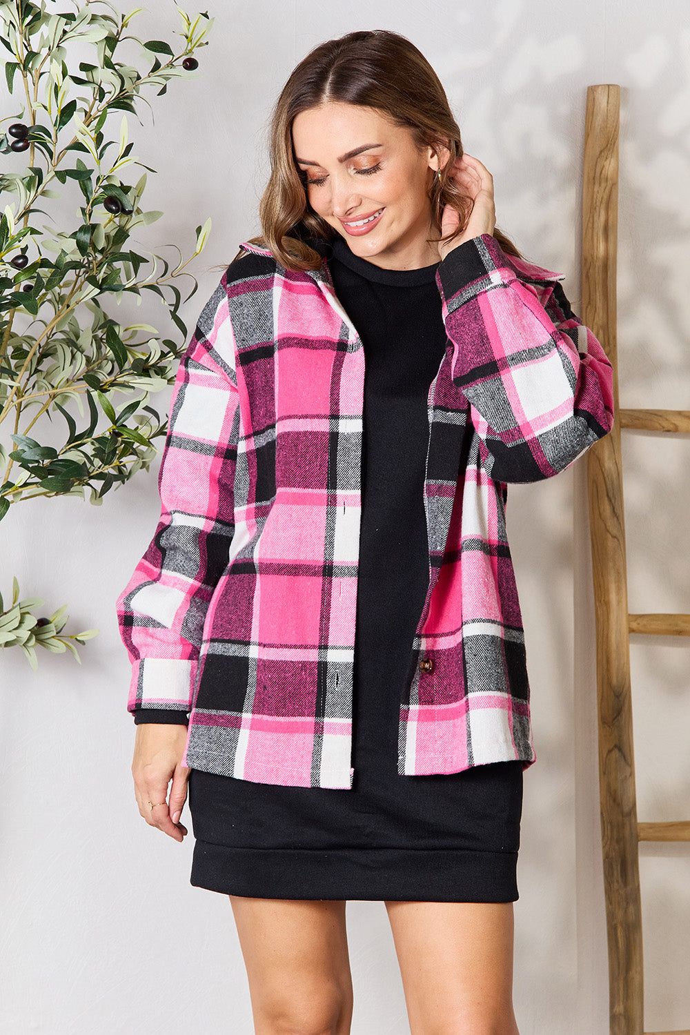 Shiny Plaid Button Up Collared Neck Jacket