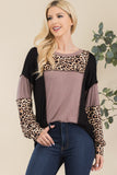 Celeste Full Size Leopard Color Block Exposed Seam T-Shirt