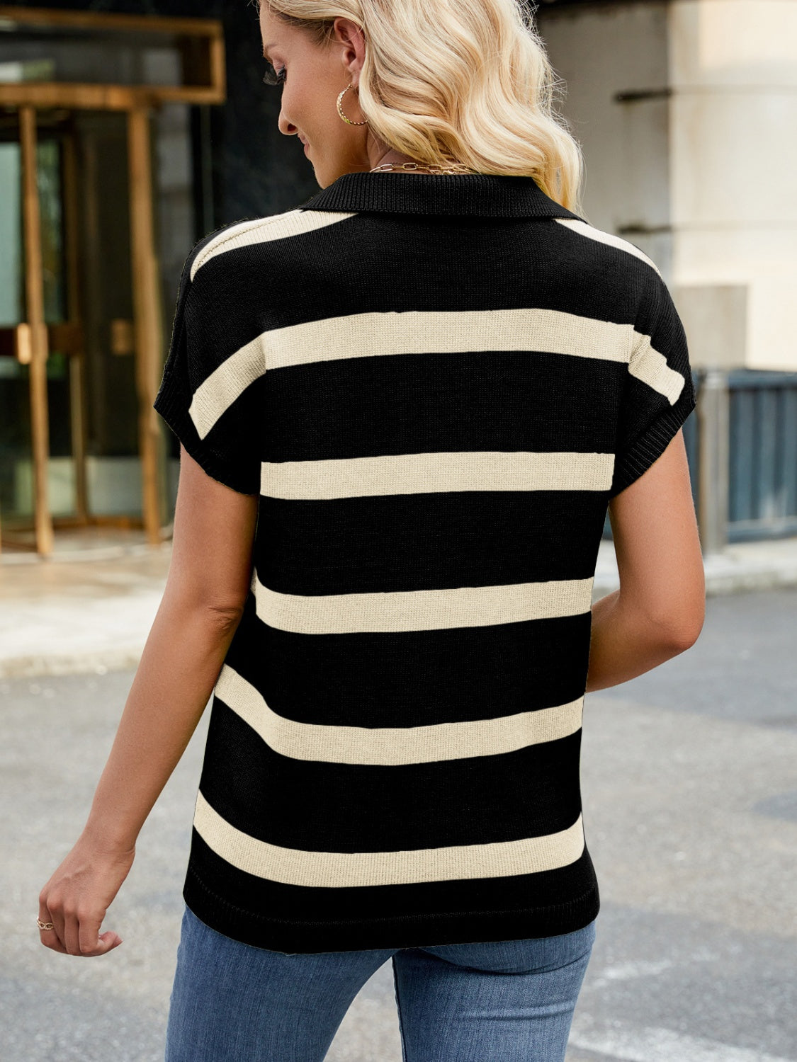 Striped Johnny Collar Cap Sleeve Sweater