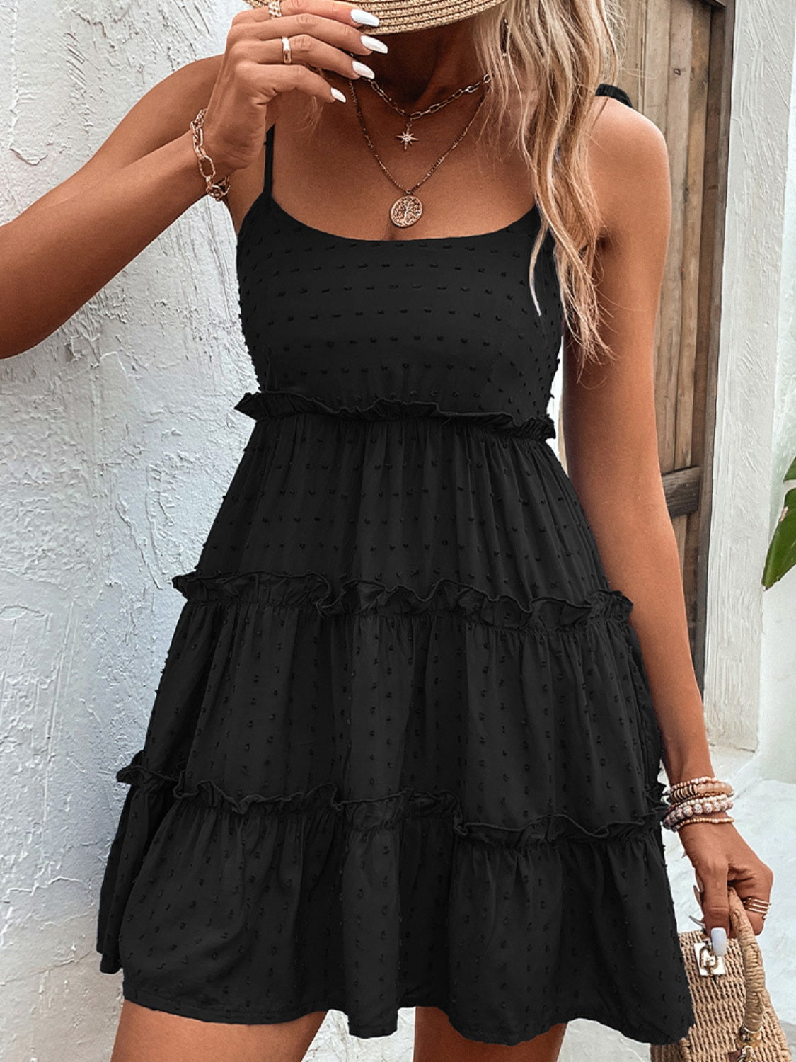 Shiny Frill Spaghetti Strap Tiered Dress