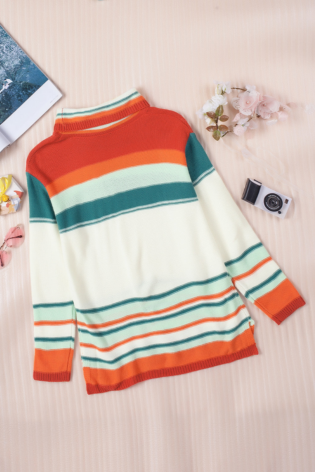 Contrast Striped Turtleneck Dropped Shoulder Sweater