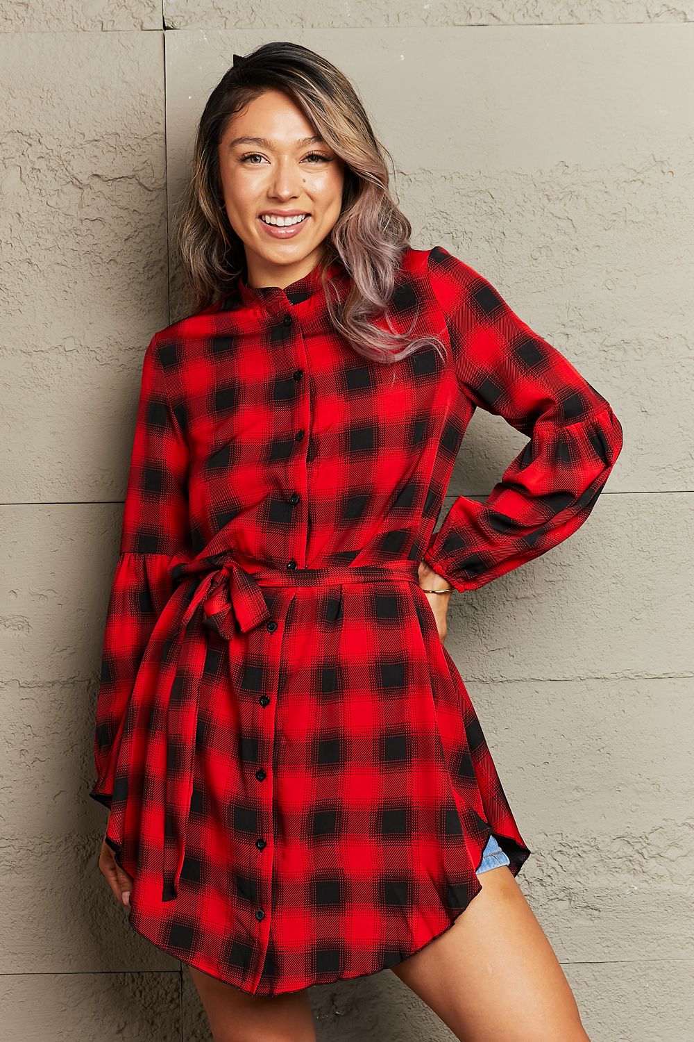 Honey Plaid Tie Waist Balloon Sleeve Mini Dress