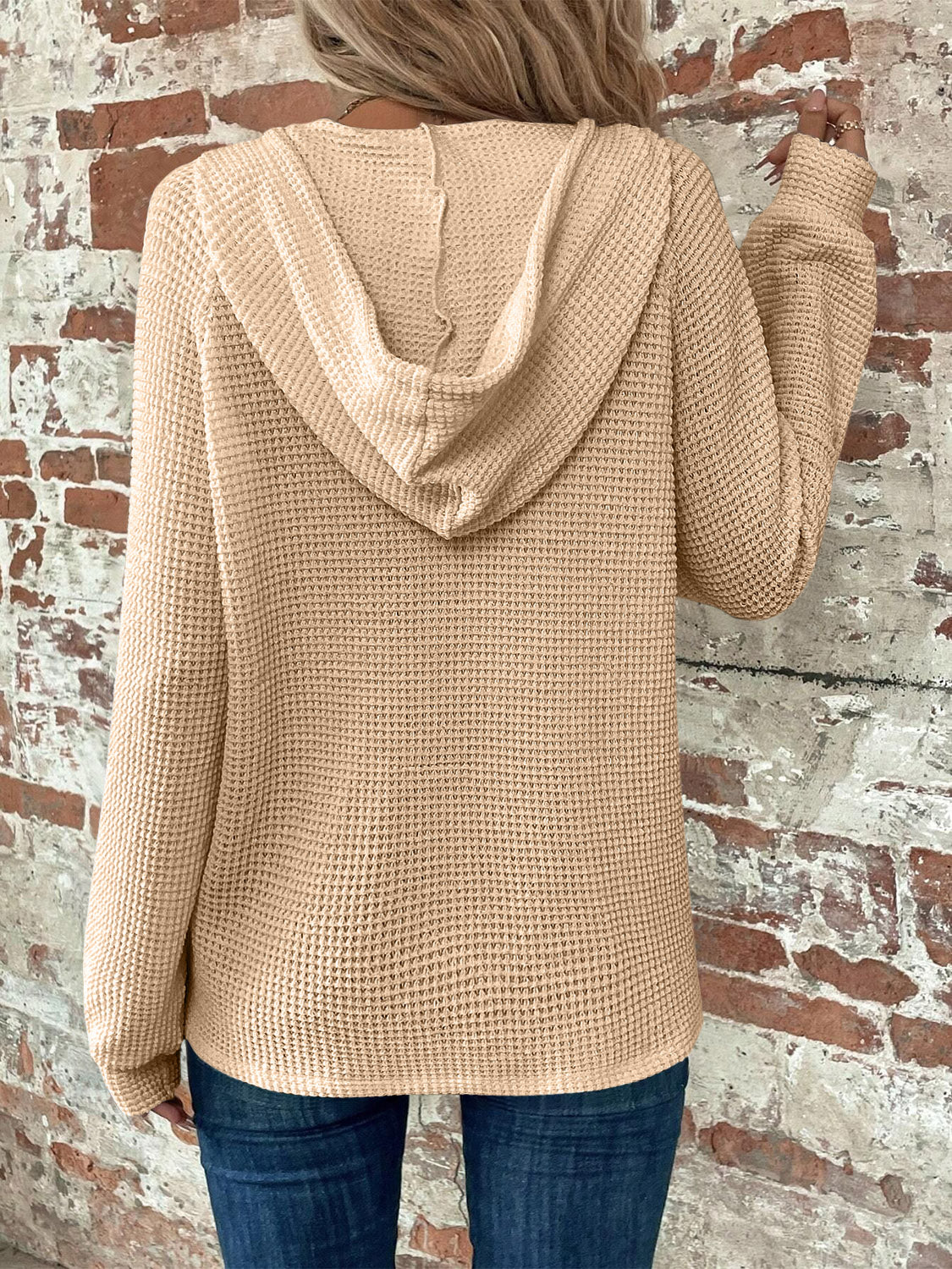 Waffle Knit Long Sleeve Drawstring Hooded Top