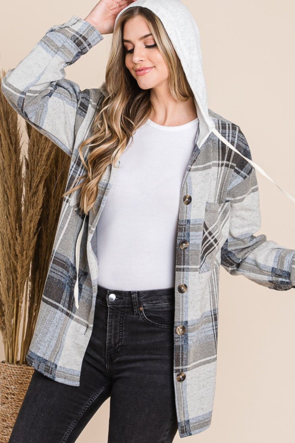 Reborn J Plaid Button Up Drawstring Hooded Jacket