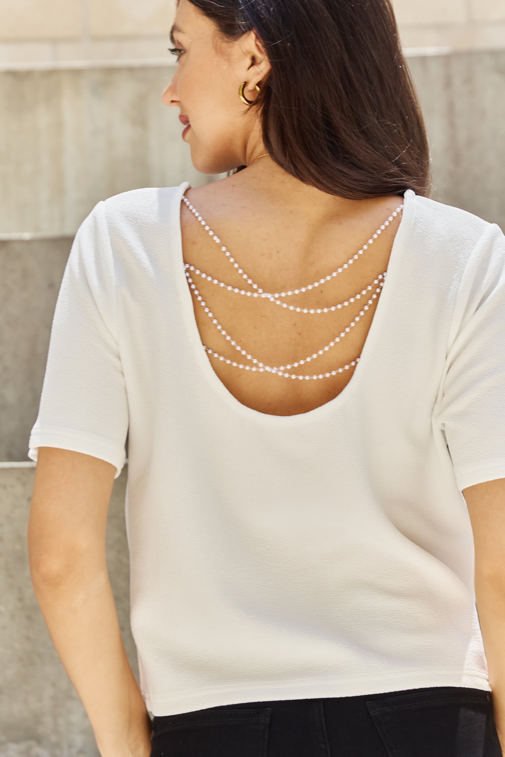 And The Why Pearly White Full Size Criss Cross Pearl Detail Open Back T-Shirt