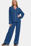 Zenana Button Down Long Sleeve Top and Pants Lounge Set