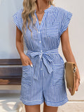 Perfee Striped Notched Tie Waist Romper