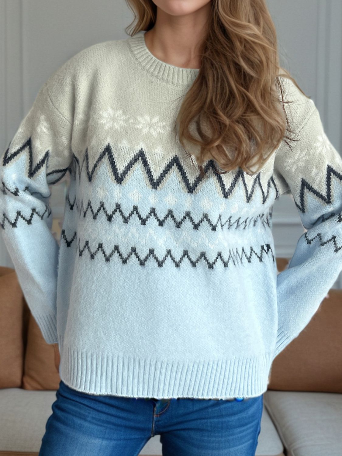 Chevron Contrast Round Neck Long Sleeve Sweater