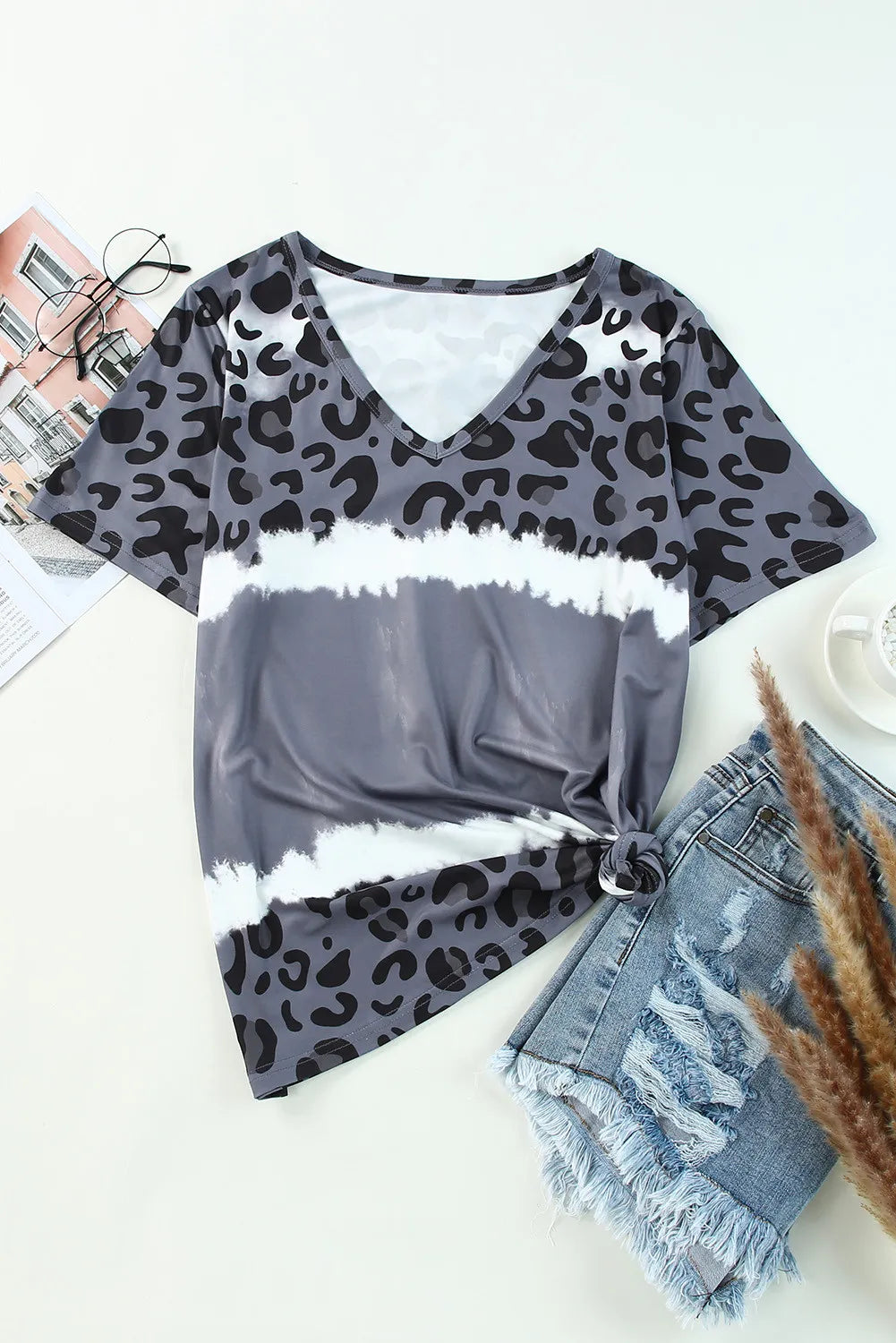 Leopard V-Neck Short Sleeve T-Shirt