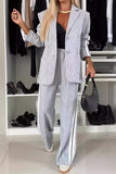 Full Size Contrast Lapel Collar Top and Pants Set