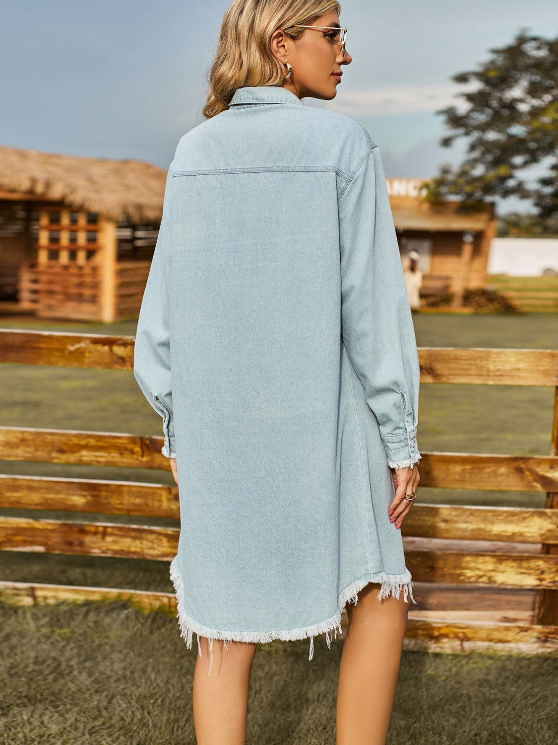 Button Up Collared Neck Raw Hem Denim Dress