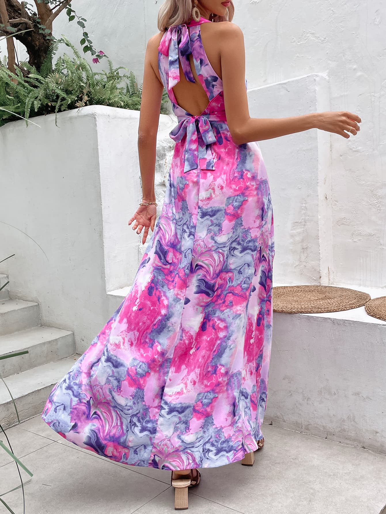 Honey Printed Open Back Slit Sleeveless Dress