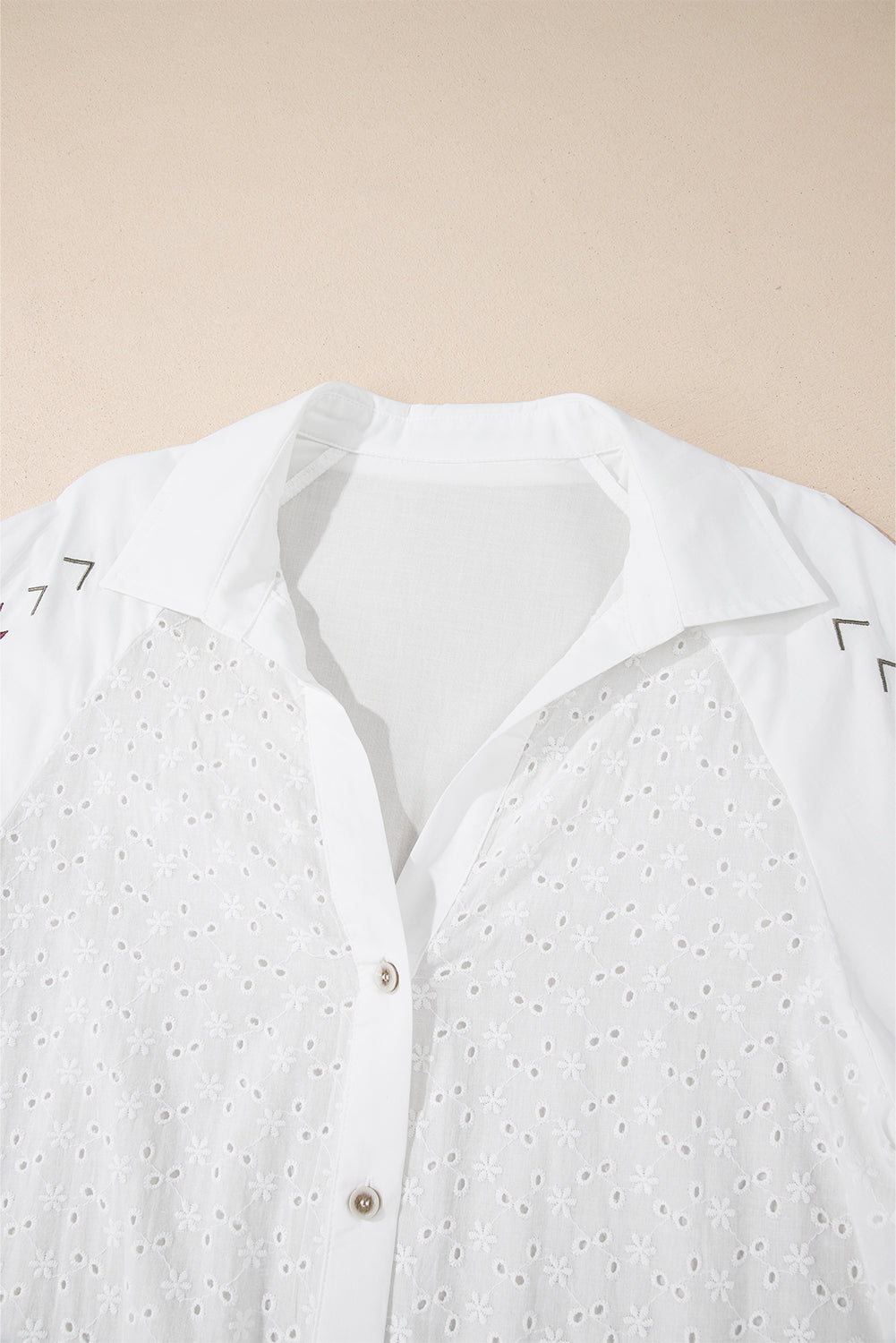 Embroidered Eyelet Collared Neck Long Sleeve Shirt