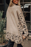 Slit Leopard Mock Neck Dropped Shoulder Sweater