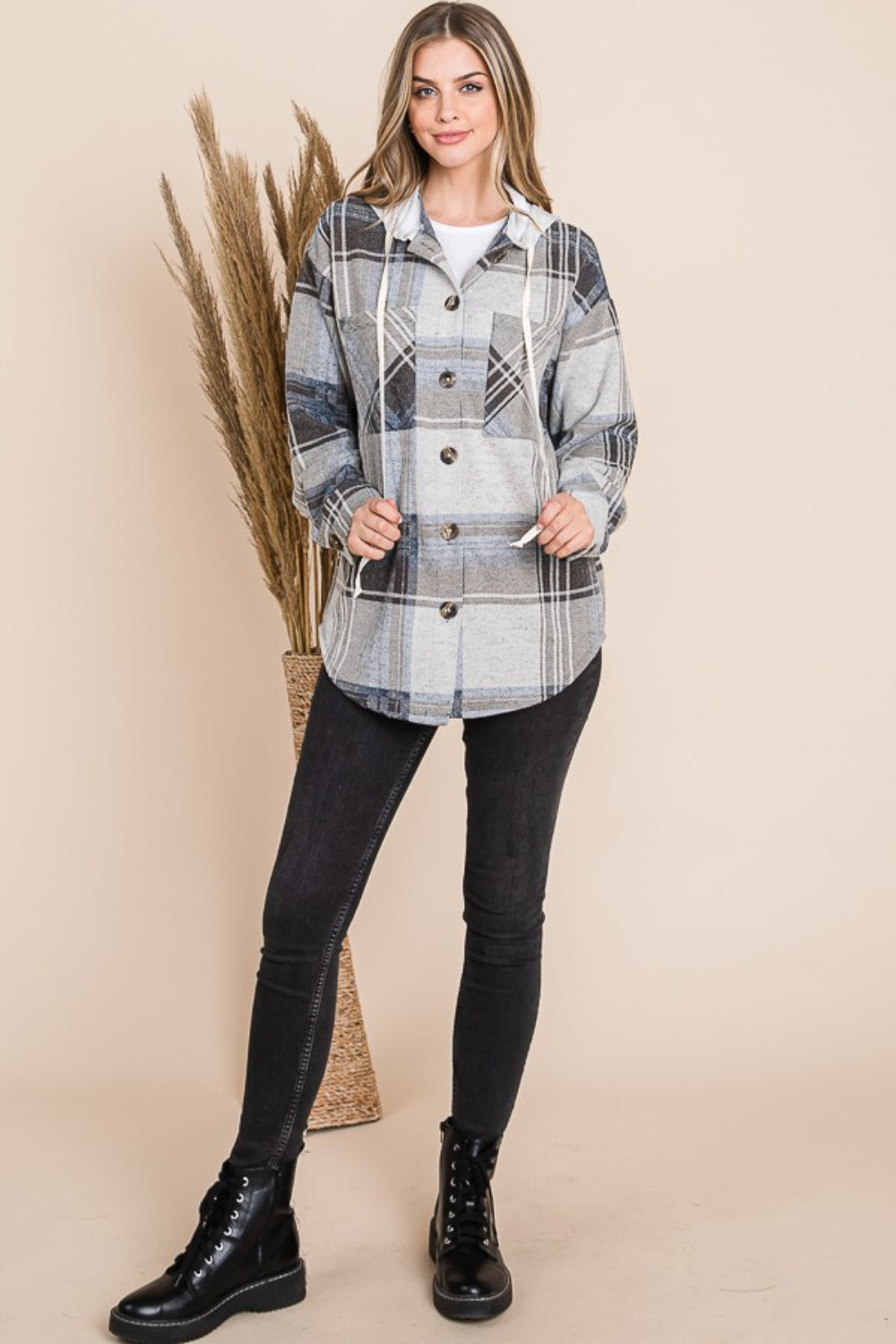 Reborn J Plaid Button Up Drawstring Hooded Jacket