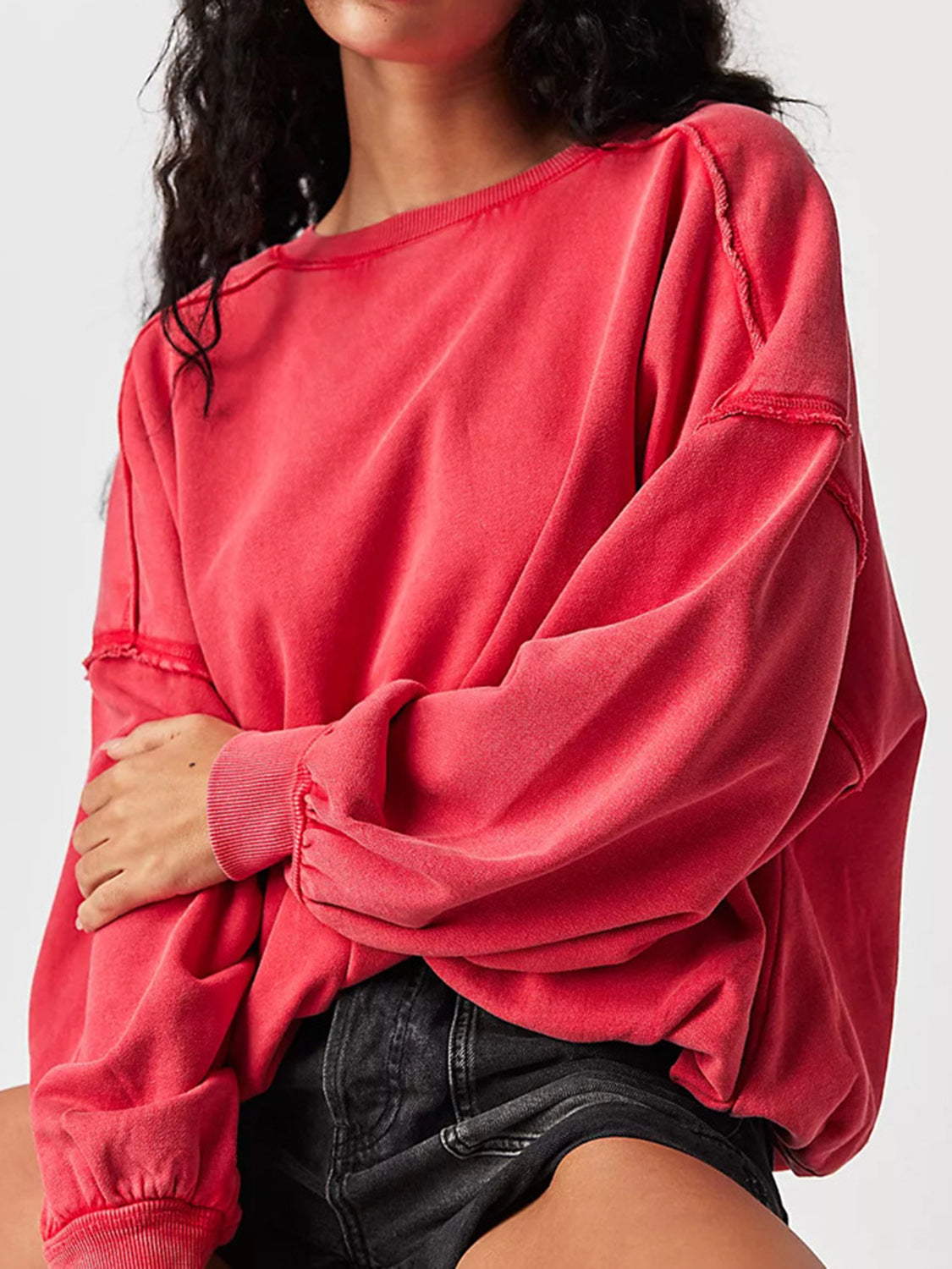 Exposed Seam Round Neck Long Sleeve Sweatshirt