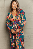 Perfee Printed Deep V Slit Pleated Dress