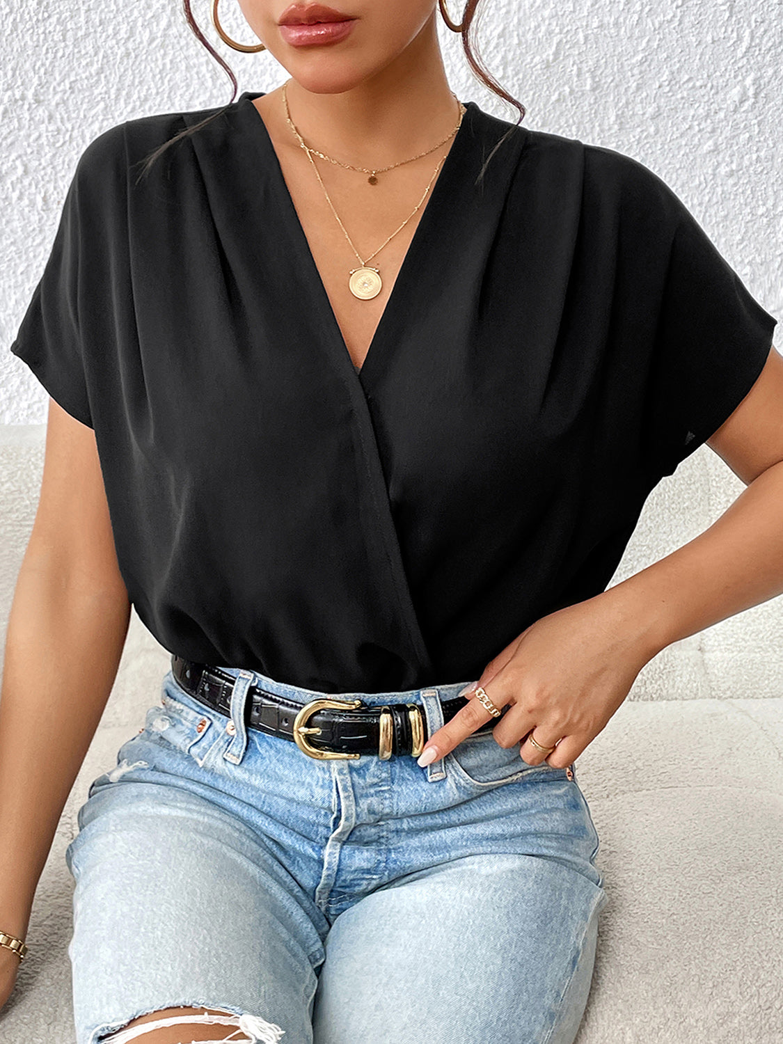 Perfee Surplice Short Sleeve Ruched Bodysuit