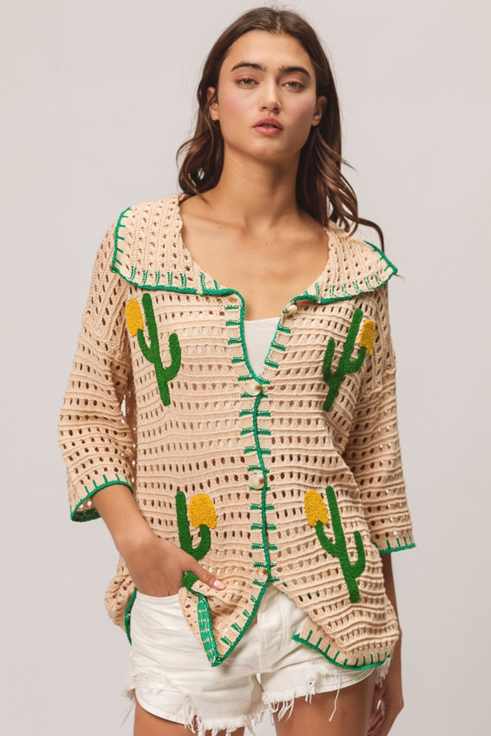 BiBi Edge Stitched Cactus Patch Sweater Cardigan