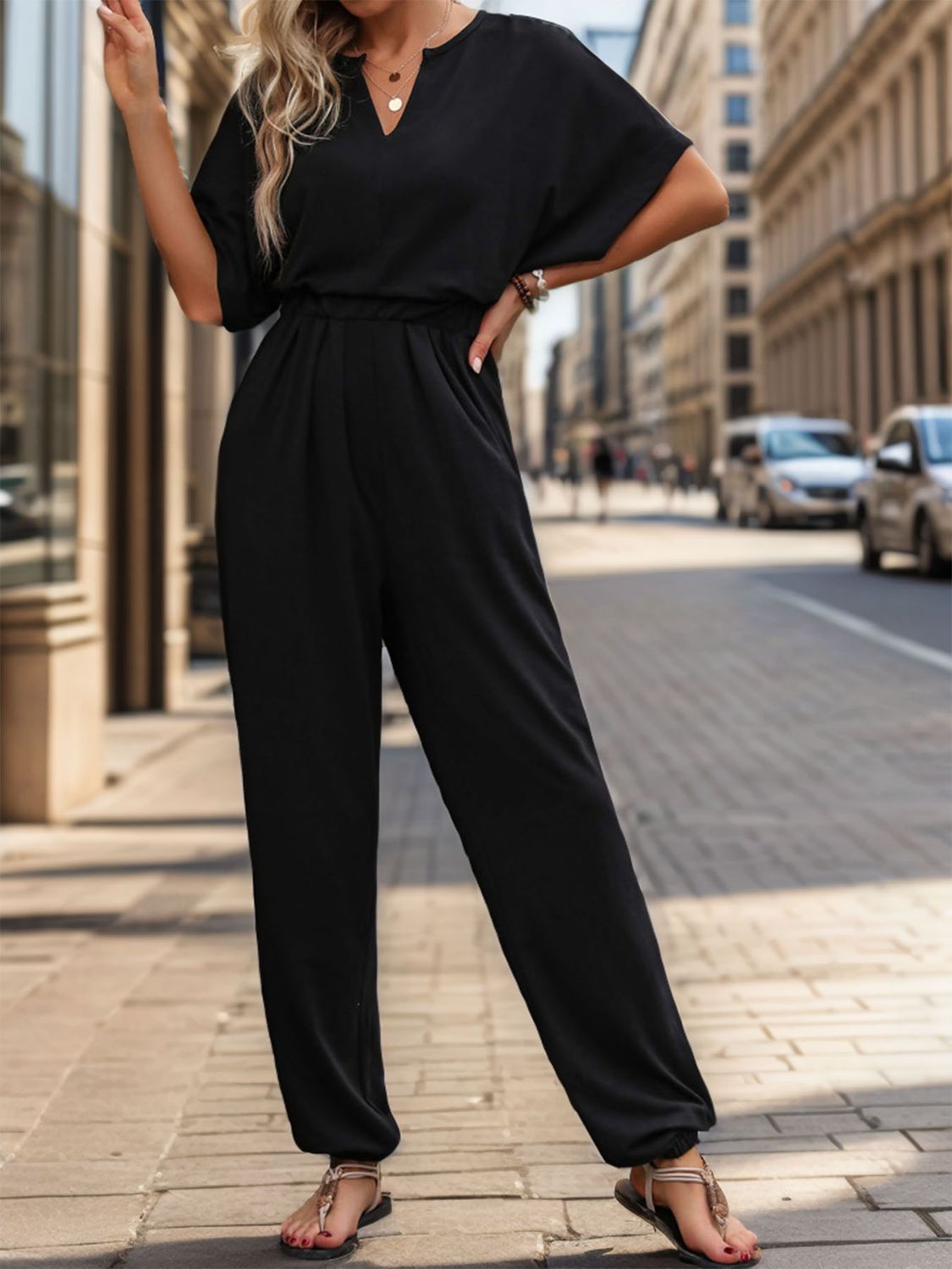 Perfee Notched Half Sleeve Straight Jumpsuit