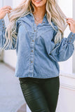 Collared Neck Lantern Sleeve Denim Top