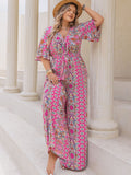 Plus Size Printed Half Sleeve Wide Leg Jumpsuit