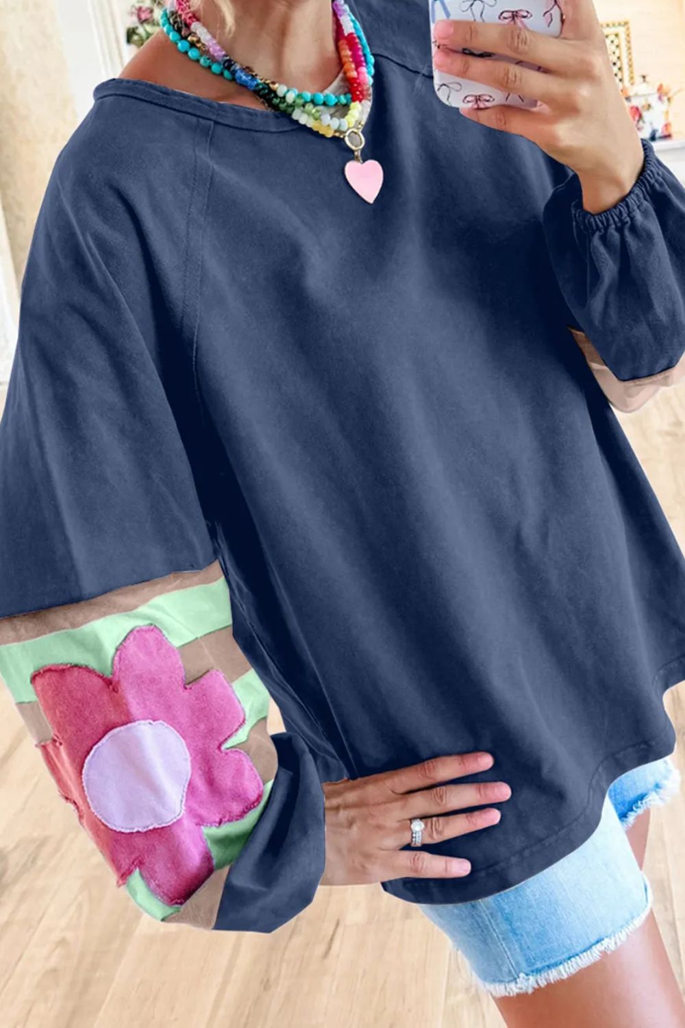 Flower Patch Round Neck Balloon Sleeve Top