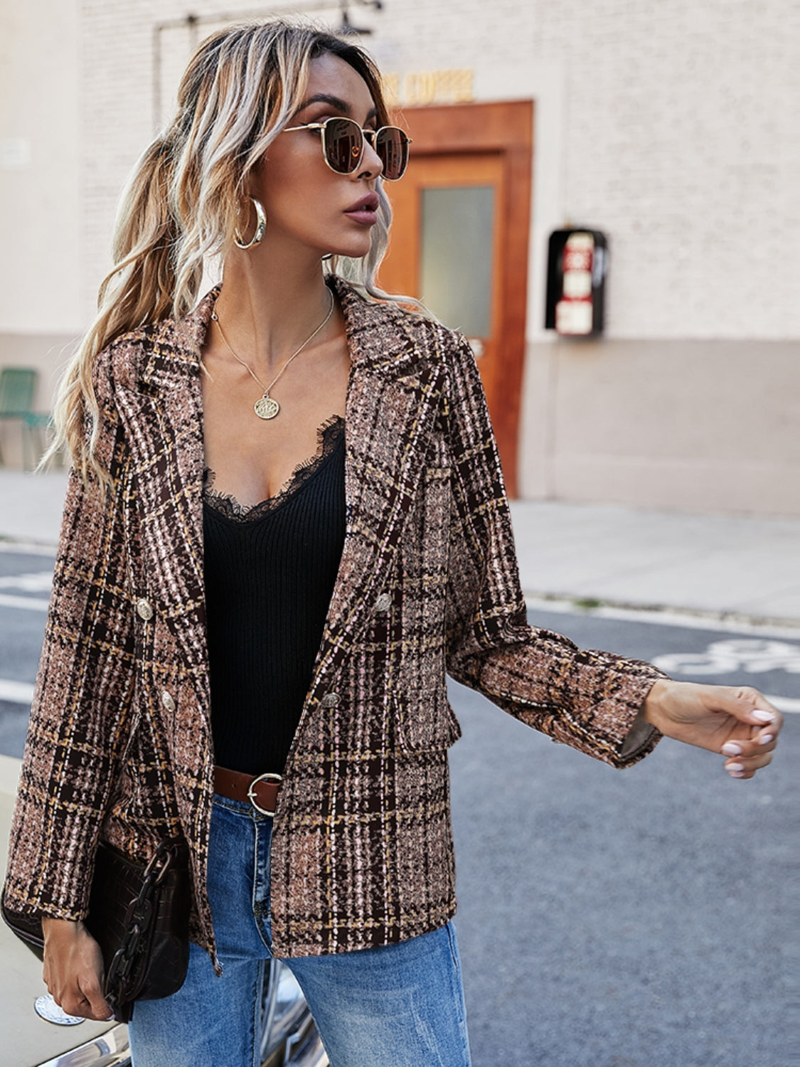 Full Size Plaid Lapel Collar Blazer