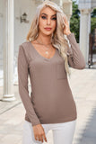 Ribbed V-Neck Long Sleeve Blouse with Pocket