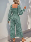 Perfee Smocked Printed Long Sleeve Wide Leg Jumpsuit