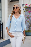 Ruffled V-Neck Three-Quarter Sleeve Blouse