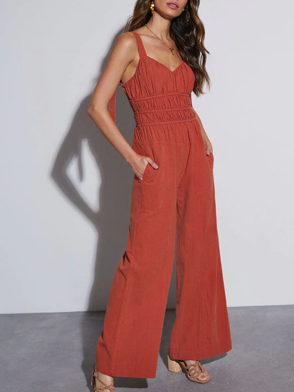 Perfee Ruched Wide Strap Jumpsuit with Pockets