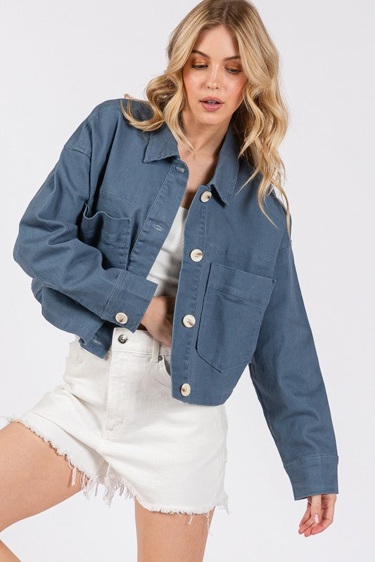 bytos Button Down Cropped Denim Jacket with Patch Pockets