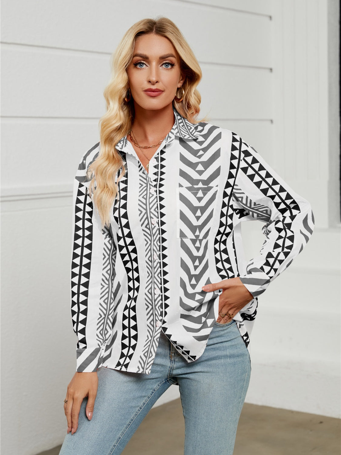 Geometric Collared Neck Long Sleeve Shirt